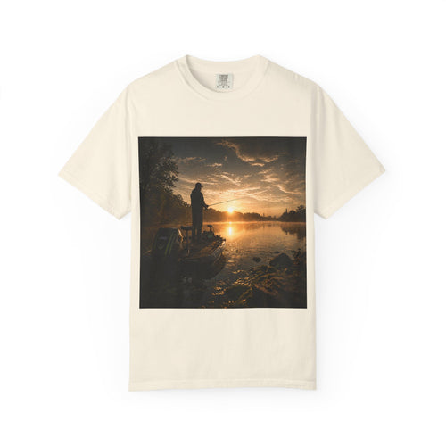 Fishing Holez Graphic T‑Shirt — Sunset Angler Photo Front, 'Fishing Holez' Logo Back